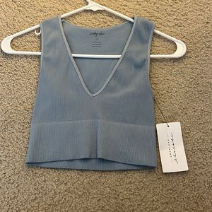 Blue rip knit crop tank top